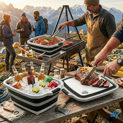Collapsible BBQ Prep Tub with Lid - XL 4.22 GAL Folding Cutting Board & Food Basin for Outdoor Cooking, Marinating Container, Space Saving Prep Station (Black)