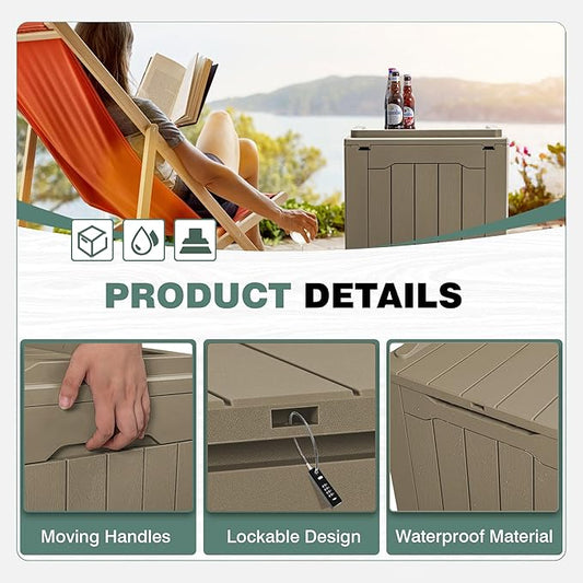 GUNJI 30 Gallon Small Deck Box Outdoor Waterproof Resin Storage Box Lockable Storage Container Outside Package Delivery Box (Beige)