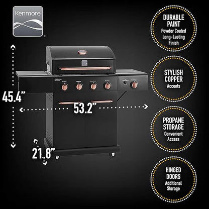 Kenmore 4-Burner BBQ Gas Grill with Searing Side Burner, Propane Grill, 52,000 BTUs, Warming Rack, Electronic Ignition & Cast Iron Cooking Grates, Black/Copper