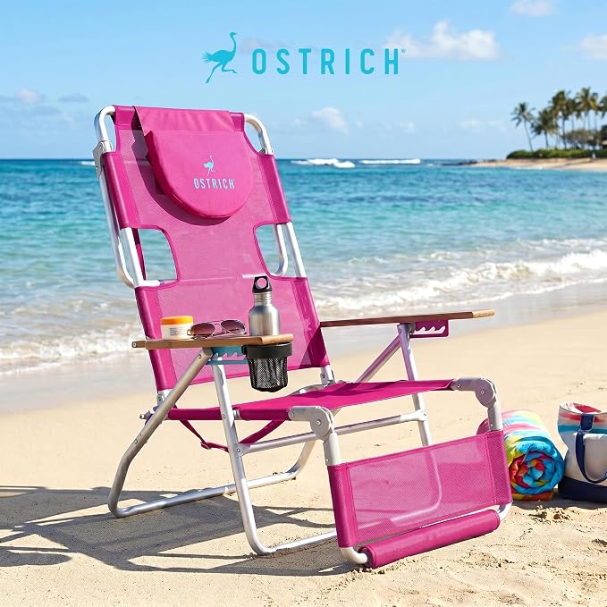Ostrich the Original 3N1 Lightweight Beach Reclining Lounge Chair with Footrest, Outdoor Furniture for Patio, Balcony, Backyard, or Porch, Pink