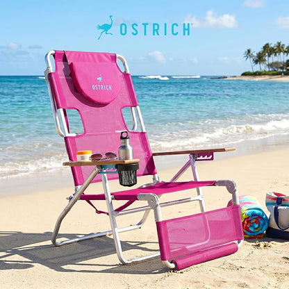 Ostrich the Original 3N1 Lightweight Beach Reclining Lounge Chair with Footrest, Outdoor Furniture for Patio, Balcony, Backyard, or Porch, Pink