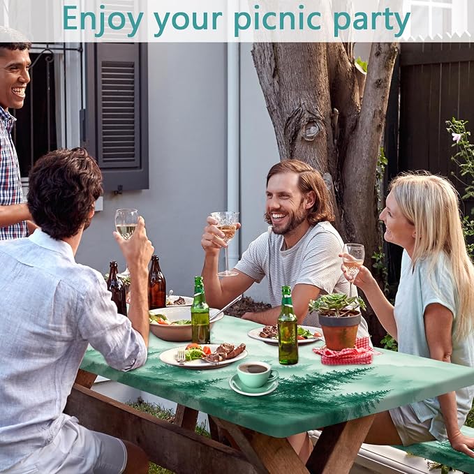 Picnic Table Cover with Bench Covers, Camping Essentials, Green Misty Forest Mountain Waterproof Fitted Outdoor Tablecloth with Elastic Rectangle Table Cloth Camping Accessories, 3 Pcs Set, 30x96 Inch