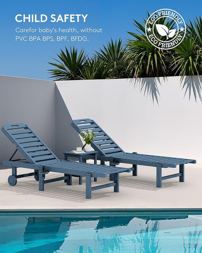 SERWALL HDPE Outdoor Chaise Lounge Set of 2 with Cup Holder & Wheels, Blue | Weather-resistant chaise lounge resists fading, with 5-level adjustable back, cup holder and wheels.