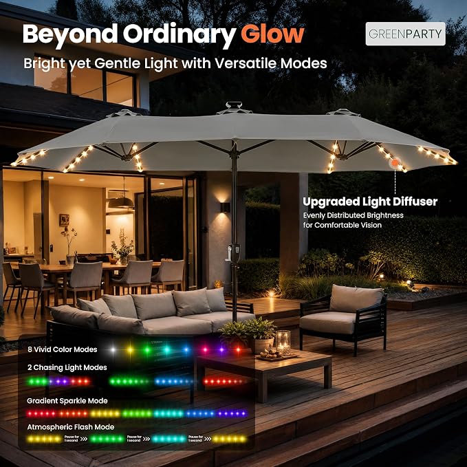 GREEN PARTY 13ft Patio Umbrella with Led Lights, Rectangle Outdoor Umbrella | 12-Mode Solar Lights, Double-Sided Rectangular table Umbrella, Large Shade for Backyard Deck Poolside, Grey(No Base)