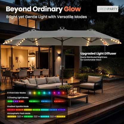 GREEN PARTY 13ft Patio Umbrella with Led Lights, Rectangle Outdoor Umbrella | 12-Mode Solar Lights, Double-Sided Rectangular table Umbrella, Large Shade for Backyard Deck Poolside, Grey(No Base)