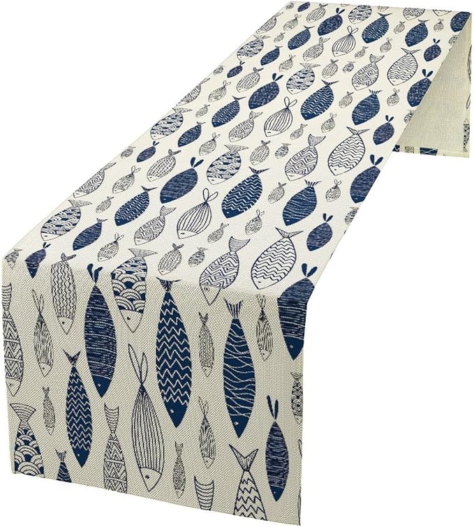 Under Sea World Table Runner, Summer Navy Blue Fish Table Runner Beach Starfish Coral Vintage Dining Tablerunner for Coffee Table/Kitchen Island/Party Decor, 13" x 60"