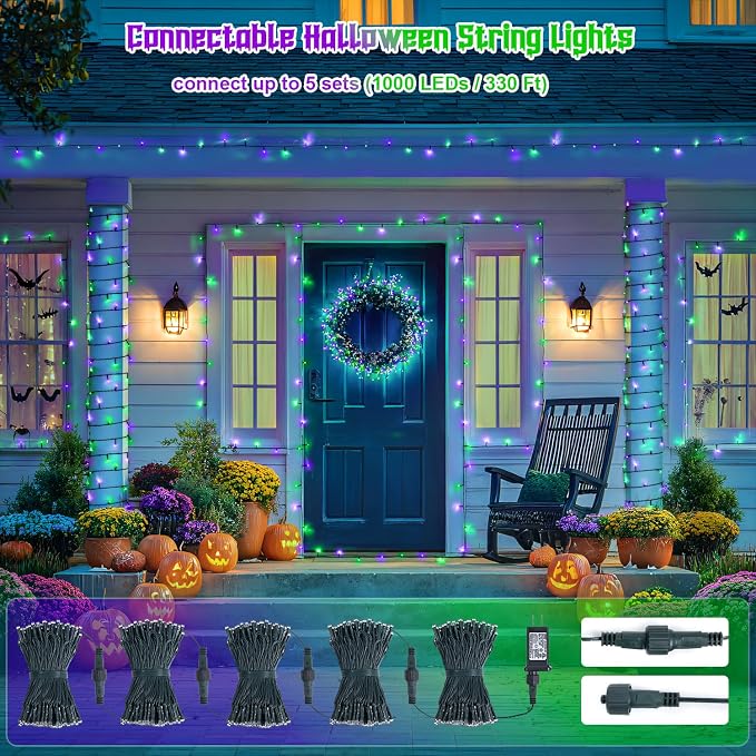 JMEXSUSS 66ft 200 LED Purple and Green Halloween Lights Plug in | Connectable ,8 Modes, Waterproof, Halloween String Lights for Tree Yard Outdoor Indoor Bedroom Garden Patio Decor
