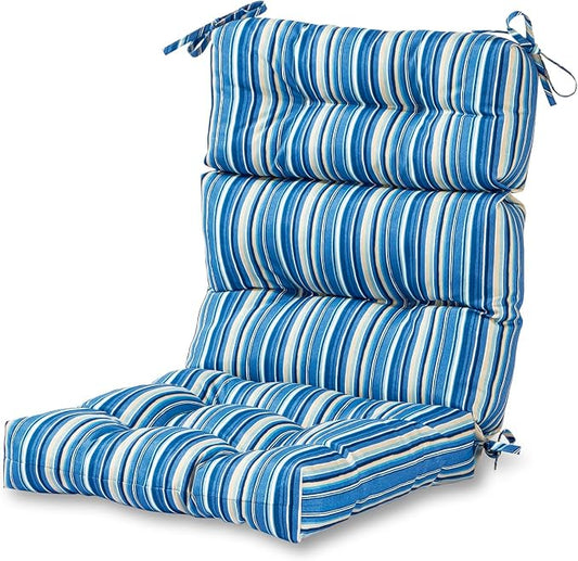 Outdoor Tufted High-Back Chair Cushions, One-Piece Hinged Seat and Back Design, Reversible with 4 Ties, Durable Polyester Fabric, Recycled Fiber Fill - Single, Sapphire Stripe