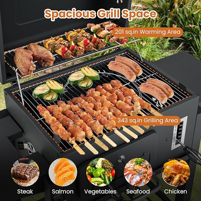 Barrel Charcoal Grill with Side Tables, 544 sq.in Cooking Space, Portable Camping Grill w/Wheels, Charcoal Tray, Pull-out Ash Tray, Thermometer, Outdoor BBQ Grill for Patio, Backyard, Party