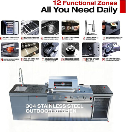 104" Modular Outdoor Kitchen Island With Grill And Side Burner, 4-burner 72,000 Btu Propane Bbq Island, Refrigerator, Separate Sink & Prep Station, For LP-Silver 72000BTU/104 Inch