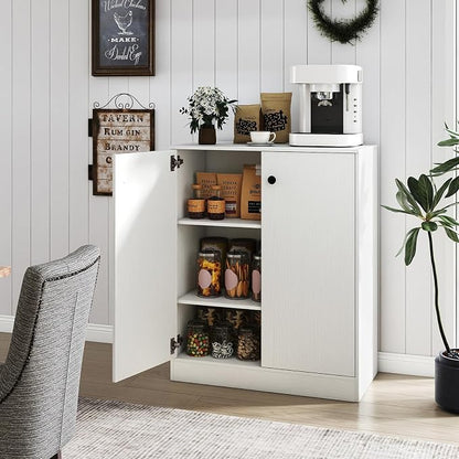Giantex 2 Door Storage Base Cabinet (White) | 3-Tier Base Cabinet with Non-Slip Foot Pads, Kitchen Cupboard Storage Organizer for Living Room, Hallway, Entryway, Office