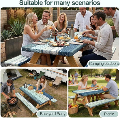 Picnic Table Cover with Bench Covers Camping Essentials Waterproof Windproof Camping Tablecloth with Drawstring Bag, Fitted Rectangle Tables and Seats, 72in, Bohemian