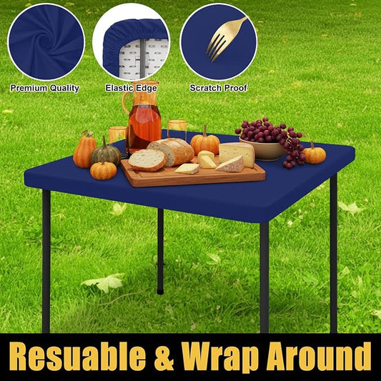Smiry Rectangle Tablecloth, Elastic Fitted Flannel Backed Vinyl Tablecloths for 3ft Folding Tables, Waterproof Wipeable Table Covers for Indoor, Outdoor, Camping and Picnic (Navy, 34"x34")