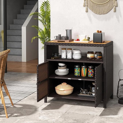 Wicker Outdoor Storage Cabinet, Rattan Patio Bar Table with Acacia Wood Countertop, Open Compartment & 2 Doors, Outdoor Buffet Cabinet Sideboard for Poolside, Garden, Backyard (Mix Brown)