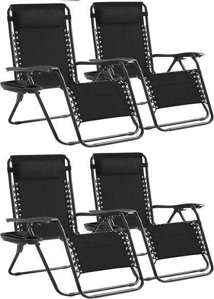 Zero Gravity Chair Set of 4 Oversized Folding Recliner, Padded Anti Gravity Lounge Chair with Adjustable Pillow & Cup Holder for Outdoor Camping, Patio, Poolside, Lawn (Black)