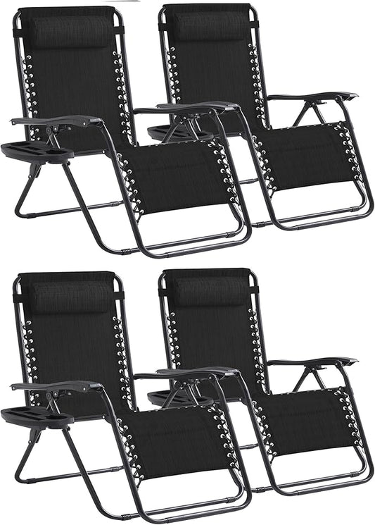 Zero Gravity Chair Set of 4 Oversized Folding Recliner, Padded Anti Gravity Lounge Chair with Adjustable Pillow & Cup Holder for Outdoor Camping, Patio, Poolside, Lawn (Black)