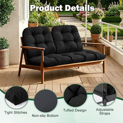 Outdoor Wicker Chair Cushions, 44×19×4 in, Waterproof, Black | Waterproof Wicker Furniture Cushions, Fade Resistant, 3 Piece Patio Furniture Cushions Set for Bench, Loveseat, Swing, Settee