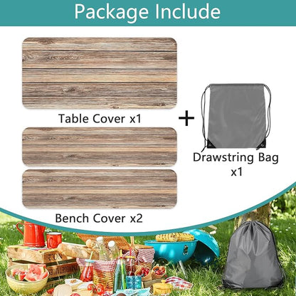 Picnic Table Cover with Bench Covers Camping Essentials Farmhouse Waterproof Windproof Wood Grain Camping Tablecloth Fitted Tablecloth Cover with Elastic Edge for Indoor & Outdoor 3 PCS 30x72 Inch
