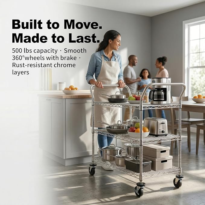 Finnhomy 3-Tier Commercial Grade Rolling Cart, Heavy Duty Utility Cart with Wheels and Handles, Metal Kitchen Carts on Wheels with 500 lbs Capacity, Shelf Size 20" D x 36" W, NSF