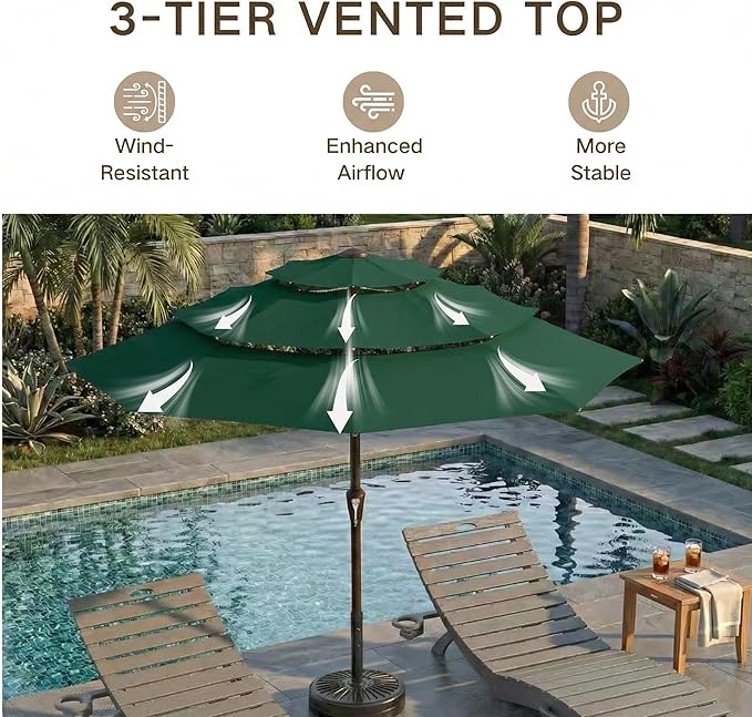 Kingdura 9ft 3-Tier Patio Umbrella, Outdoor Table Umbrella with Easy Crank & Tilt, 8 Reinforced Ribs, UV Protection for Deck, Pool, Market, Backyard (Dark green)