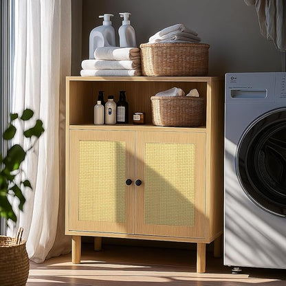Boho Accent Cabinet with Rattan Doors, Small Sideboard Buffet, Oak | Small Sideboard Buffet Cabinet for Entryway, Living Room, Kitchen Coffee Bar
