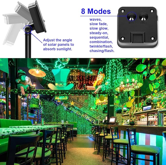 Green Solar Fairy String Lights Outdoor, 2 Pack Each 100LED 8 Modes Copper Wire Lights Christmas Decorations IP67 Waterproof for Garden, Patio, Fence, Balcony