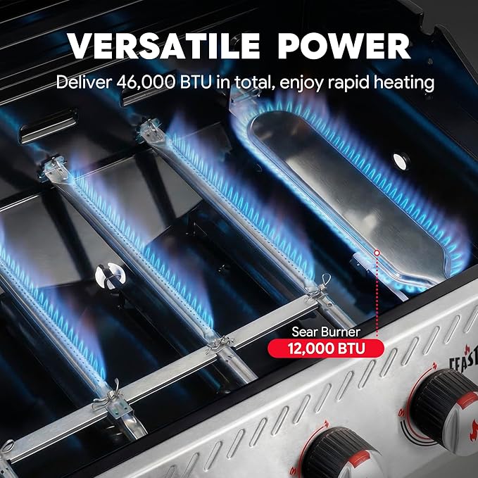 Feasto 5 Burner Propane Gas Grill with Side Burner & Sear Burner, All Stainless Steel BBQ Grill with Porcelain-Enameled Main Cook Chamber & Storage Cabinet for Outdoor Backyard Patio