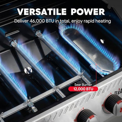 Feasto 5 Burner Propane Gas Grill with Side Burner & Sear Burner, All Stainless Steel BBQ Grill with Porcelain-Enameled Main Cook Chamber & Storage Cabinet for Outdoor Backyard Patio