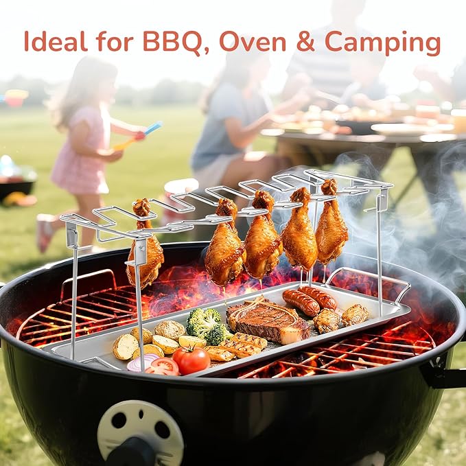G.a HOMEFAVOR 14-Slot Chicken Leg Rack for Grill & Wings - Premium Stainless Steel Foldable Roasting Rack with Detachable Drip Pan, Dishwasher-Safe BBQ Accessories for Oven, Grill, Camping, Parties