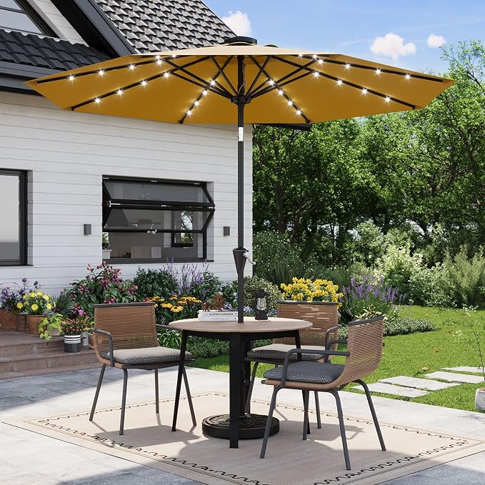 Garvee patio Umbrella with Solar Lights, Outdoor Table Umbrella with 8 Durable Ribs, Tilt & Crank Mechanism, Waterproof & UV Protection for Garden, Backyard, Poolside,