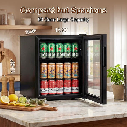 FoMup Mini Fridge 50 Can, Small Beverage Refrigerator with Reversible Glass Door, Countertop Drink Cooler with Temperature Control, Compact Beer Soda Fridge for Office Dorm Kitchen, Black