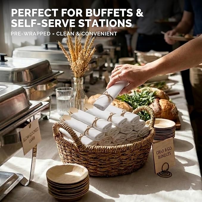 Prerolled Disposable Bamboo Cutlery Set – 25 Pack Pre Wrapped Silverware and Napkin Bundle with Forks, Knives, Spoons for Parties, Weddings, Events, and BBQ (Natural - Beige String)