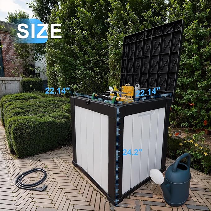 50 Gallon Outdoor Deck Box, Lockable Waterproof Outdoor Storage Boxes For Garden Tools,Indoor Cushions,Accessories Outside Storage Resin Weatherproof Container(Black&White)
