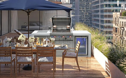 Mont Alpi MAi400-DFC-NG 4-Burner 78000 BTU Deluxe Stainless Steel Modular Outdoor Kitchen Island Grill with MANGK Natural Gas Conversion Kit + Fridge Cabinet, Granite Countertops & 2 Infrared Burners