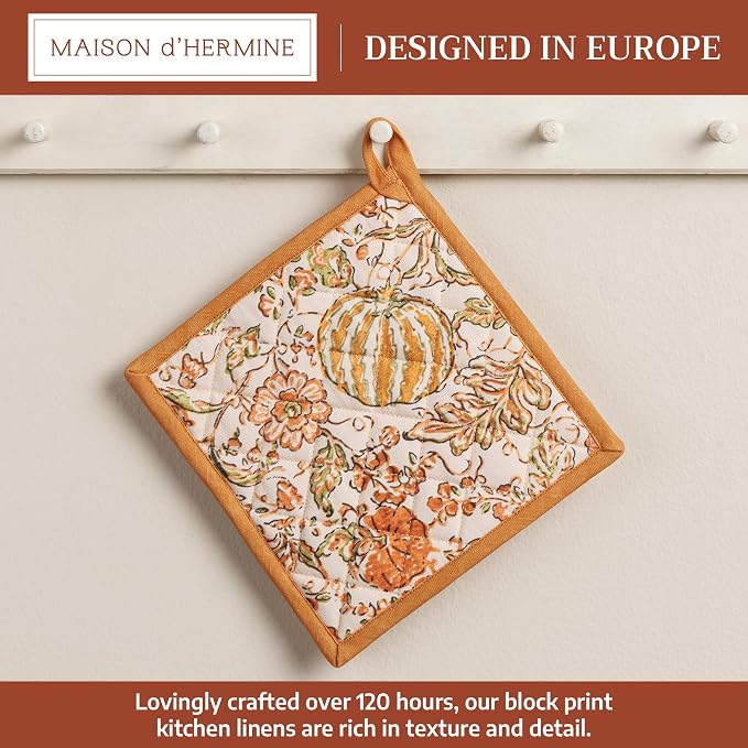 Maison d' Hermine Pot Holders 100% Cotton Potholders (8" x 8", Pack of 1) | Heat Resistant Hot Pads with Loop BBQ Cooking Baking Hotel Kitchen Handling Hot Pans Thanksgiving Christmas - Pumpkin Spice