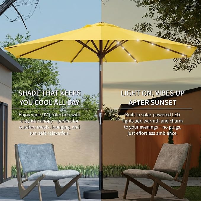 10FT Solar Umbrella 32 LED Lighted Patio Umbrella Table Market Umbrella w/Tilt and Crank, UV-Resistant Outdoor Umbrella for Pool, Garden, Deck, Sunshine Yellow