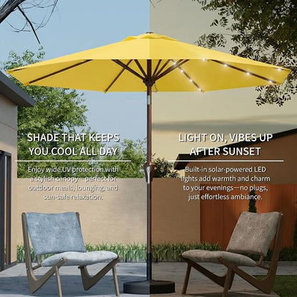 10FT Solar Umbrella 32 LED Lighted Patio Umbrella Table Market Umbrella w/Tilt and Crank, UV-Resistant Outdoor Umbrella for Pool, Garden, Deck, Sunshine Yellow