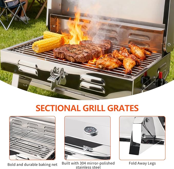 Boat Grill, 304 Stainless Steel Marine Grills w/Rod Holder Mount, Heat-Resistant Handle, Portable Propane BBQ for Boats & Tailgating & Camping, Built in Thermometer