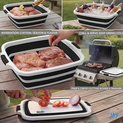 Collapsible BBQ Prep Tub with Lid - XL 4.22 GAL Folding Cutting Board & Food Basin for Outdoor Cooking, Marinating Container, Space Saving Prep Station (Black)