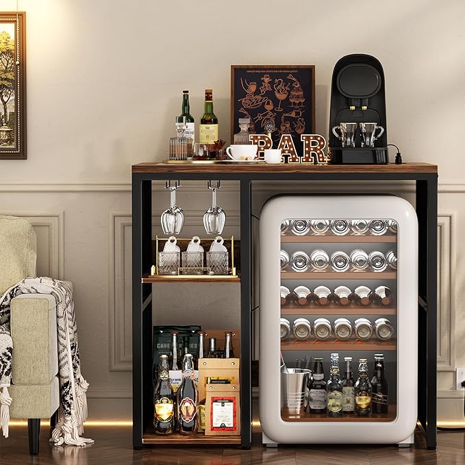 Homieasy Mini Fridge Cabinet with Power Outlet, Coffee Bar Cabinet with Mini Fridge Space, Industrial Liquor Cabinet with Wine Storage & Glass Holder for Dorm, Living Room, Home Kitchen, Rustic Brown