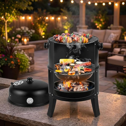 Barrel Charcoal Grill, Portable Outdoor BBQ Grill for Backyards, Camping & Parties, Adjustable Iron Smoker with Built-In Thermometer, Black