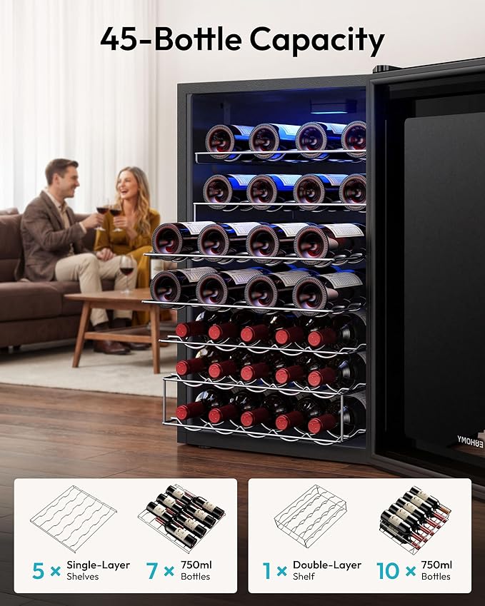 EUHOMY 45 Bottle Wine Cooler Refrigerator, Wine Fridge with Glass Door for Red, White and Champagne, Mini Fridge with Adjust Temperature for Home Kitchen Bar 4.5 Cu.ft, Black