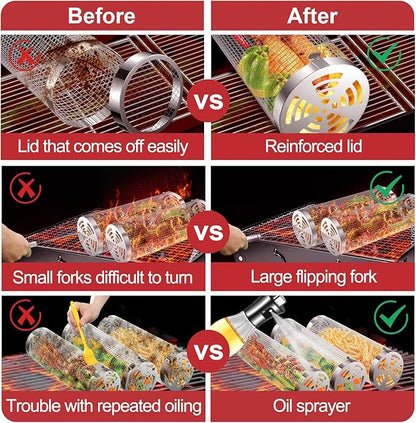 Grill Basket 2 PCS, Rolling Grill Baskets for Outdoor Grill, Grilling Accessories, Stainless Steel BBQ Net Tube Baskets with Oil Sprayer for Veggies, Shrimp, Grilling Gifts for Men