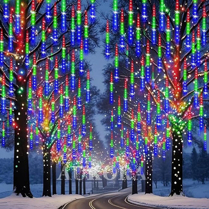 Aukora Meteor Shower Lights UL Certified Outdoor Christmas Lights 12inch 8 Tubes 192 LED Snow Falling Icicle Cascading Light for Xmas Tree Decoration Halloween Wedding Party Holiday Yard, Multicolor