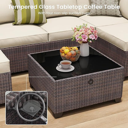 7 Piece Outdoor Patio Furniture Set, Outdoor Sectional Furniture, Rattan & Wicker Modern Modular Conversation Set Sectional Sofa W/Water Resistant Washable Thick Cushions and Coffee Table, Brown/Beige