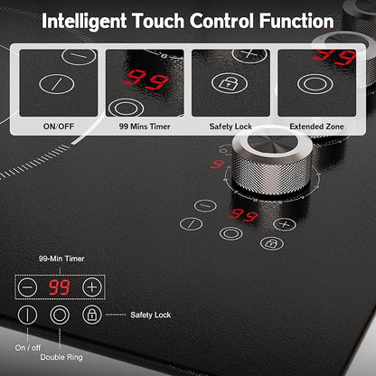 30 Inch Electric Cooktop 5 Burner Karienvir, 8600W Built-in Electric Stove Top, Cooktop 30" with Double-ring Burner, Knob & Touch Control, 9 Power Levels, Timer, Safety Lock, 220V-240V Hard Wire