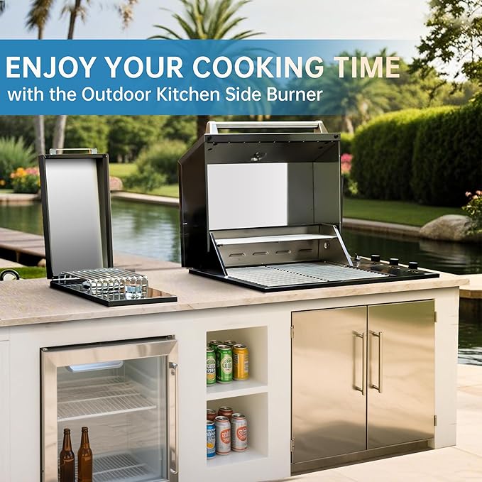 Built-in Single Side Grill Burner with Cover, Black 304 Stainless Steel Side Burner for Outdoor Kitchen, Propane & Natural Gas, Outdoor BBQ for Family Patio Parties