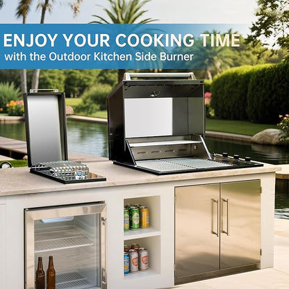 Built-in Single Side Grill Burner with Cover, Black 304 Stainless Steel Side Burner for Outdoor Kitchen, Propane & Natural Gas, Outdoor BBQ for Family Patio Parties