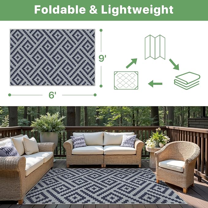 GENIMO Outdoor Rug, Waterproof Plastic Rugs for Patio, 6'x9' Slate Blue | Outside Modern Carpet for Patio Decor, Balcony, Deck, Backyard, Picnic, Camping, RV, Reversible, Foldable, Lightweight