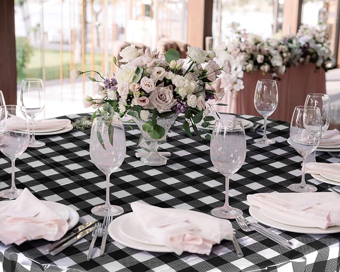 Disposable Checkered Tablecloth Round Plastic Buffalo Plaid Table Cloth 84'' Gingham Tablecover for Picnic Camping BBQ Graduation Party (Black and White, 6 Pieces)